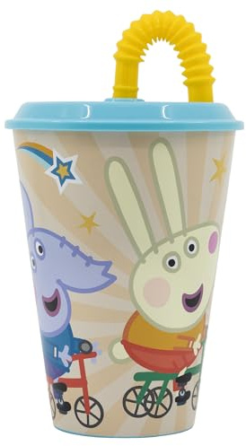 STOR Barnmugg med Lock och Sugrör Greta Gris 430ml - Plastmugg för Barn - Spill-Säker Design