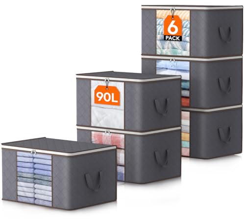 Lifewit 95L Clothes Storage Bags Large Storage Box With Lid Packing Boxes for Moving House With Reinforced Handle Thick Fabric Clear Window for Clothes Duvet Blankets Bedding, 6 Pack, Grey