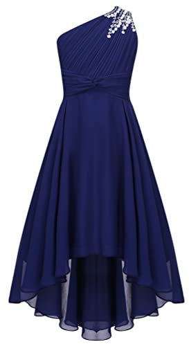 TiaoBug Enfant Fille Robe Princesse Soirée à Perles Une Épaule Plissé Robe Demoiselle d'honneur Mariage Cérémonie Robes de Bal Carnaval Fête 6-16 Ans Bleu Marine 9-10 Ans