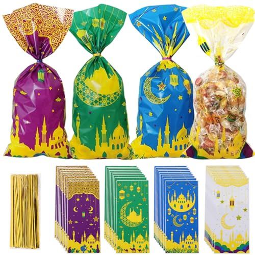 Eid Mubarak-festpåsar, 100 stycken Eid Mubarak-fest-godispåsar, cellofan klar plast godisväska, Mubarak presentpåsar med 100 guld twistslipsar för Eid Mubarak-partydekoration (A)