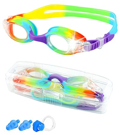 Victoper Kids Swimming Goggles 6-14 years, Waterproof HD Anti Fog No Leaking Wide Vision Soft Silicone Quick Adjust Split Yoke Comfort Strap, Girls Swimming Goggles Rainbow