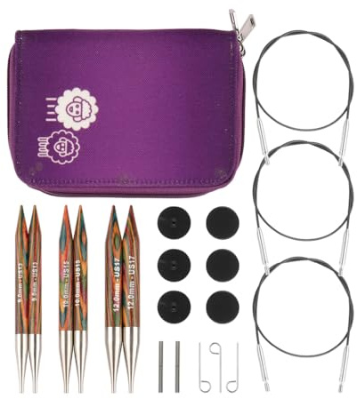 KnitPro Juego de agujas de tejer de madera Symfonie en bolsa de tela morada, juego grueso de 9,00, 10,00 y 12,00 mm