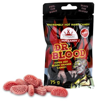 Poppamies Bonbons Épicés Dr Blood Chili Orange - Sans Lactose Sans Gluten Végan - Pas pour les enfants ni pour les farces d'Halloween - Piquant : X-HOT - Taille : 75g