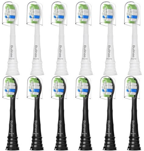 Bullnas Ersatz-Zahnbürstenköpfe kompatibel mit Philips Sonicare, Bürstenkopf für Philips Sonicare C-1 C-2 4100 5100 5300 6100 elektrische Zahnbürsten, weiß/schwarz, 12 Stück