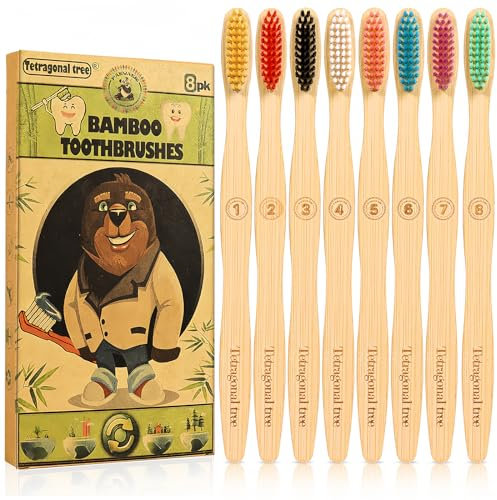 Tetragonal tree Biologisch abbaubare Bambus-Zahnbürsten (8er-Pack) – natürliche Zahnbürste Vorteilspack – extra weiche Zahnbürste für Erwachsene, gut für empfindliche Zähne