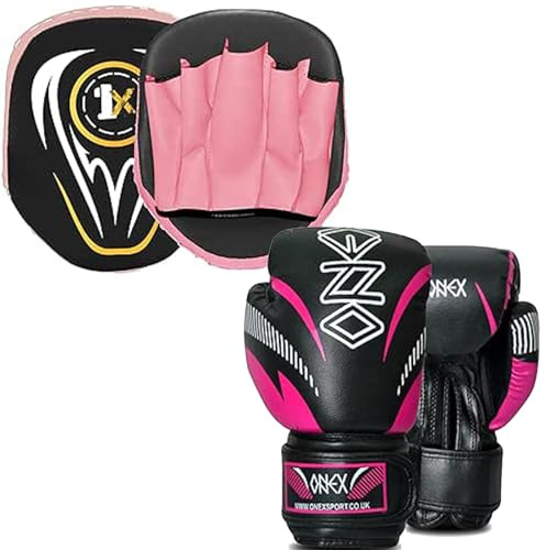 1x Boxing Gloves And Pads Set Focus Punching MMA Boxing Set Sparring Hook And Jab Strike Pad Kickboxing Target Training Set For Boys & Girls (PINK/BLACK)