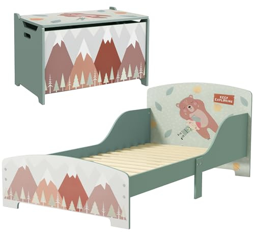 ZONEKIZ Conjunto para Niños Incluye 1 Cama Infantil de Madera Carga Máx. 40 kg 143x77x60 cm y 1 Baúl de Almacenamiento 60x37x39 cm con Estampados Verde