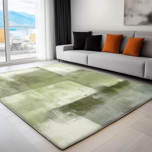 Teppich rutschfest für Holzfußboden 140 x 200 cm - Abstrakte Shabby Malerei Thema dünner Flachflor mit Gummiunterlage, ideal für Mietwohnungen Wohnzimmer & Flur Hellgrün