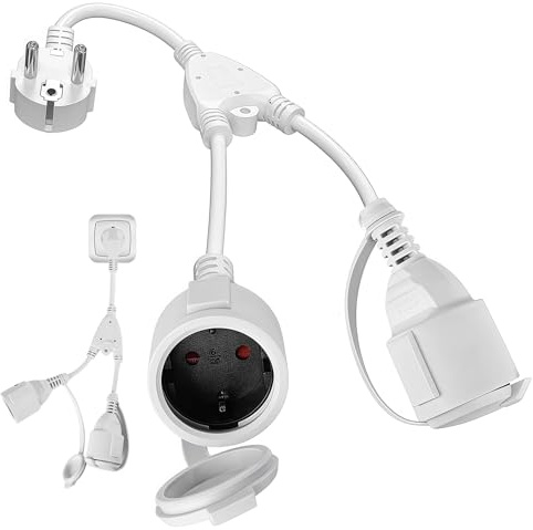Sporgo Cavo di prolunga con 2 prese Schuko, 2 prese, contatto di protezione esterno, cavo corto IP20, impermeabile, doppia spina, ufficio e casa, 250 V/16 A