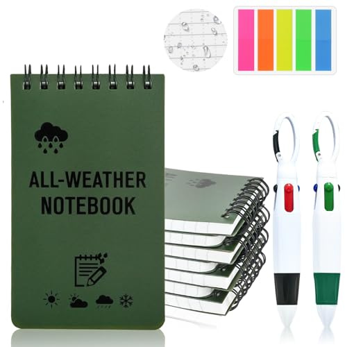 WRENYZK 8 Pezzi Mini Blocco Note Impermeabile con due Penne a 4 Colori e Strisce Adesive, Blocco Note a Spirale, Libro per Scrivere Sotto la Pioggia, Attività all'aperto e Tattica