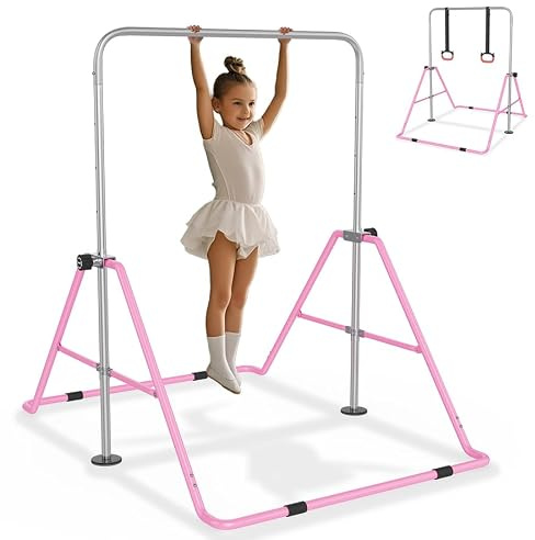 AufuN Barra de gimnasia para niños, plegable, altura regulable, estructura de acero estable, ampliable, para entrenamiento en casa, color rosa