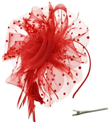 AOWVUTS Fascinator Chapeau Plume Mariage Dames Day Bandeau et Clip Fascinator Chapeau Fleur Maille Plume Dentelle avec Barrett Chapeaus Fascinateur Voile Cocktail Tea Party Chapeaus pour Femme (G, Un)