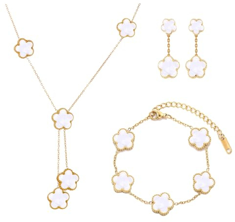 XFSRG Bijoux Trèfle À Quatre Feuilles Set Bijoux Parure Plaqué Or 18 Carats Quatre Feuilles Collier Boucles d’oreilles Bracel Pour Femme Filles De Mariage(Blanc)