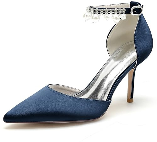 EICOFF Scarpe con Tacco Alto con Cinturino alla Caviglia Décolleté Donna con a Punta Perle Sandali da Sposa Matrimonio per Feste,Dark Blue,38 EU