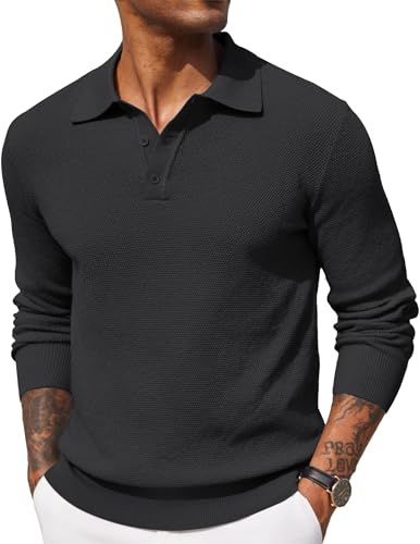 COOFANDY Mens Polo Jumper A Maniche Lunghe Fine Knit Maglione Lavorato A Maglia Plain Felpe Nero 3XL