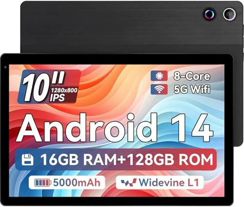 Ainmel Tablet 10 Zoll (2025), Android 14 Tablet 10.36 Zoll Octa-Core,1280x800 IPS,16GB RAM 128GB ROM 1TB TF, 5G WiFi 6, Bluetooth 5.0, 5000mAh, 5MP+8MP, Widevine L1,Schwarz