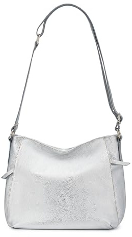 Caspar Klassisch elegante Leder Umhängetasche Damen Schultertasche mit breitem & verstellbarem Schultergurt - PREMIUM LINE - Modell No.865 - Made in Italy, Farbe:silber metallic