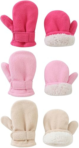 Baby Toddler Mittens Boys Girls Winter Outdoor Gloves Kids Easy-On Fleece Warm Mitterns Pink Rose Khaki 3 Pairs M（1-2 years）