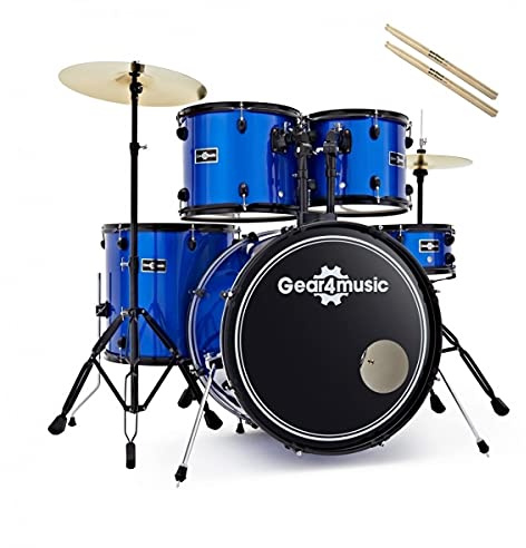 Blue Acoustic Drum Kit BDK1 by Gear4music Full Size Complete Starter Drum Set with Stool and Sticks