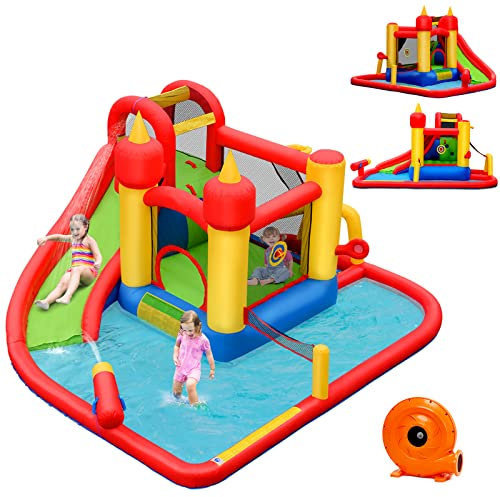 COSTWAY Château Gonflable avec Toboggan Aquatique 7 en 1 avec Souffleur 610W Mur d'Escalade Pataugeoire Canon à Eau Cercle de Basket-ball Sac de Transport Kit de Réparation Piquets 30 Ballons Colorées