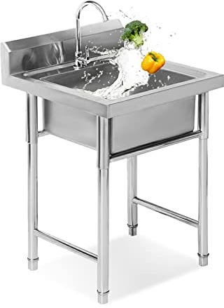 WEAFIEO Spülbecken Edelstahl Ausgussbecken, Freistehend Spültisch mit Wasserhahn Armatur Outdoor Garage Garten Küche Camping Keller Spülschrank