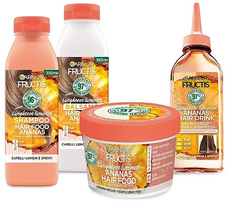 Garnier Fructis Hair Food Ananas, Kit con Shampoo, Acqua Lamellare, Balsamo e Maschera, Per Capelli Lunghi e Spenti, Lunghezze Luminose, Fino al 97% di Ingredienti di Origine Naturale, Senza Siliconi