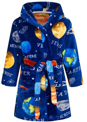 FILOWA Albornoz Niño Ducha Bata de Baño con Capucha Casa Polar Suave Pijamas Caliente Franela Ropa de Dormir para Infantil 4-5 Años, Azul Planeta
