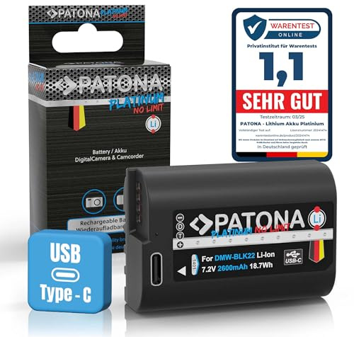 PATONA Platinum Batterie Remplacement pour Panasonic DMW-BLK22 2600mAh USB-C Compatible avec Lumix DC S5 II IIX S5II S5K G9 G9II GH5 GH5S GH6 GH7 DMW BLK22