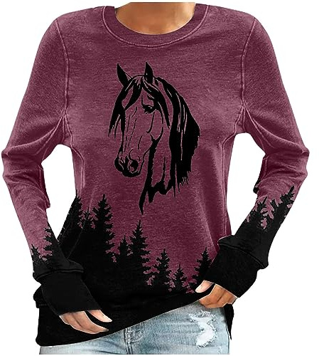 Sweat-shirt sans capuche pour femme - Motif cheval - Imprimé forêt - Manches longues - Décontracté - Col rond - Coupe basique - Confortable - Manches longues - Streetwear - Tunique