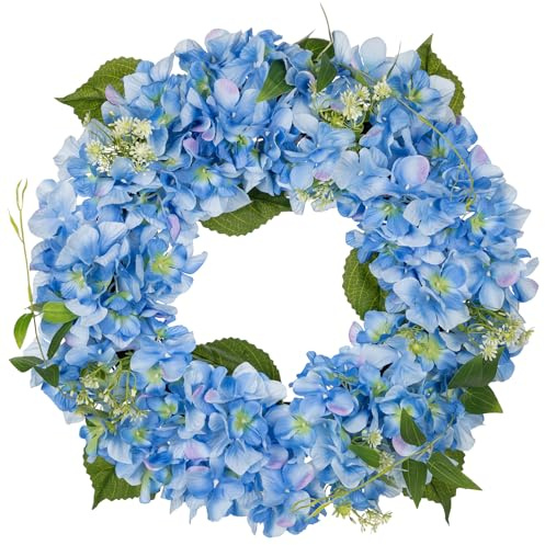 Hollyone Corona de hortensias artificiales de 16 pulgadas, corona de flores falsas azules, hortensias sintéticas para puerta delantera, arreglos florales para chimenea, cocina, granja, decoración de