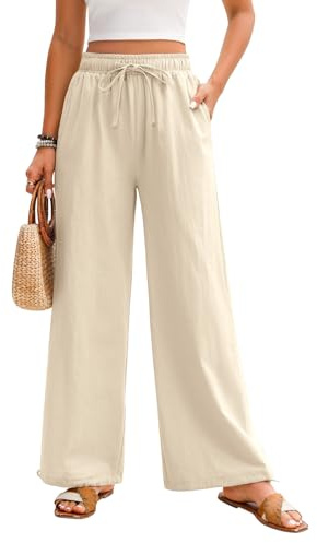 Niwicee Pantalones Mujer Verano Casuales Algodón Vintage Cintura Alta Elástico Pantalones Rectos con Cordón Verano con Bolsillos Ligeros y Cómodos Frescos Anchos Palazzo Pantalones (Caqui, XXL)
