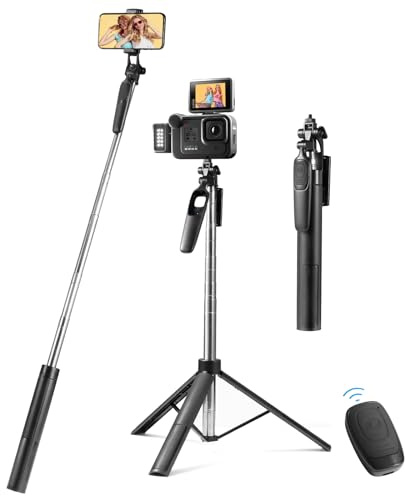 Vinabo Trepied Smartphone, 160CM Trepied Iphone, Extensible Perche a Selfie Stick, Telephone Portable Rotation 360° avec Télécommande pour Voyages, Vlogs, Compatible avec iPhone/Samsung/GoPro