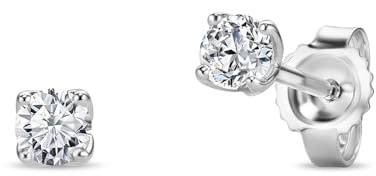 Miore Pendientes Mujer de 4 Puntas con Diamante de 0.25 Quilates en Oro Blanco Macizo 375 9K, Piercing Oreja de Diamante, Pendientes Solitarios Joyas con Joyero