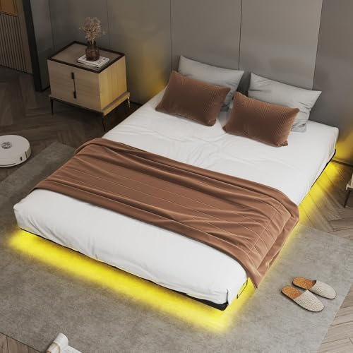 COMHOMA Bettrahmen 140x200 Metallbett Gästebett Bettgestell aus Metall, mit LED & Steckdosen, Jugendbett, App & Fernbedienung, stabile Konstruktion mit Lattenrost