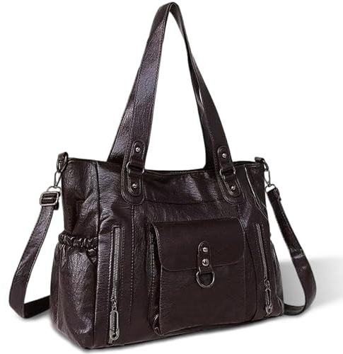Gluckstar Sac à Main Femme Grande Capacité, Sac Shopper Femme PU, Sac Cabas Chic Imperméable, Sac Bandoulière Ajustable, Sac Vintage Élégant pour Travail Voyage Quotidien, Café
