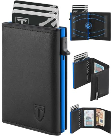 TEEHON Cartera Hombre de Cuero con Cierre Magnético, Tarjetero con Bloqueo RFID, Cartera Tarjetero Hombre pequeño para Crédito, Billetes y Monedas con Caja de Regalo, Toda Estación, Negro & Azul