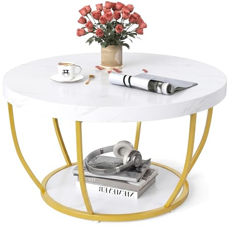 COSTWAY Soffbord rund, träbänksbord med 2 nivåer och metallram, vardagsrumsbord, soffbord 80 cm, D, för vardagsrum, mottagarrum, kontor (vit)