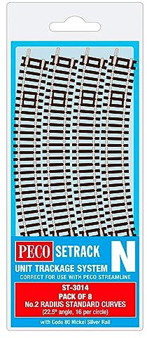 Peco N Gauge 2nd Radius Code 80 Track (Pack of 8) 9mm Rail Gauge