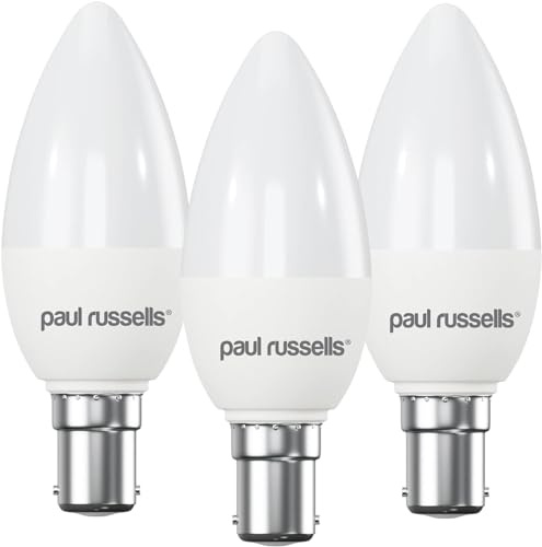 paul russells LED Light Small Bayonet Cap B15, 40watt Equivalent, 4.9W 470LM LED Bulbs, 6500K Bright Daylight, Frosted C35 SBC Candle Energy Saving Non-Dimmable Chandelier Lightbulbs, 3 Pack