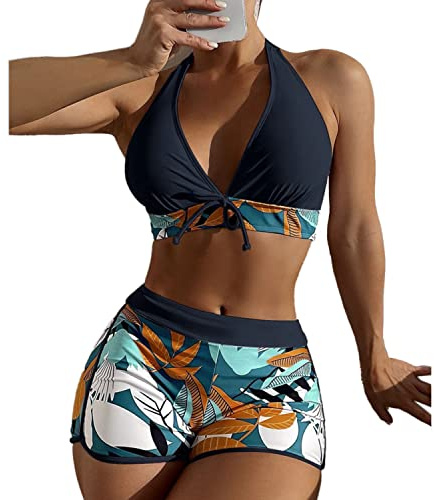 Traje de baño de Mujer de Dos Piezas Push Up Floral Halter Tankini Set con Shorts Bikini para Estampado V Dos Piezas Conjunto Bañador Traje con Relleno Mujer Brasileo Ropa de Playa