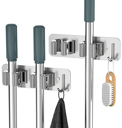 Cosicosy Mop Broom Holder, SUS304 Stainless Steel Mop Holder Wall Mounted 2 Racks with Hook Broom Hanger 2 Pcs Broom Holder Self-Adhesive/Perforated (Include Screws), Silver