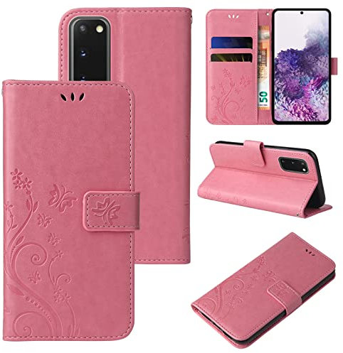 LBH Handy Hülle für Samsung Galaxy S20 Case Handytasche Schmetterling Blumen Flower Standfunktion Schutzhülle Magnet Rundum Schutz 360 Grad Flipcase Cover Rosegold