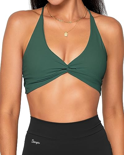 Danysu Damen Riemchen Sport-BH Rückenfreier Sport-BH Offener Rücken Workout-Top Leichte Unterstützung Niedliche Gym-Kleidung #2.Twirl Front Jägergrün M