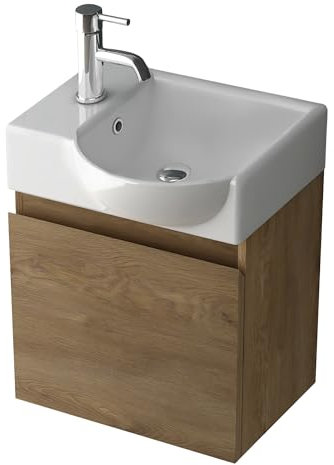 Alpenberger Waschtisch mit Unterschrank | Gäste WC Waschbecken Klein 45 cm Breit | Keramik Aufsatzwaschbecken mit Waschbeckenunterschrank | Badmöbel Set Hängend | Waschtischunterschrank Eiche