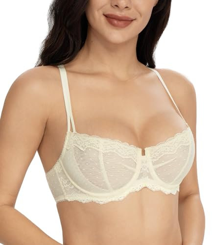 Lemorosy Damen Dirndl BH mit Bügel Push Up Spitze Balconette BH Halbschale Durchsichtig BH (Beige,85B)