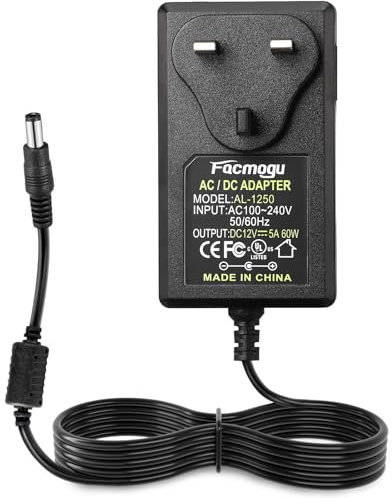 Facmogu 12V 5A 60W Power Supply Adapter, AC 100-240V to DC 12V Power Wall Adapter UK Plug, 60W 3-Pin UK Plug for LED Light Strip/Monitors/TV/CCTV/Amplifier/Cameras, 5.5 x 2.5mm & 5.5 x 2.1mm DC Jack