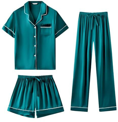 SAPJON Pijama de seda para mujer, conjunto de pijama de satén de 3 piezas, ropa de dormir clásica con botones y manga corta, bonito conjunto de ropa de descanso, Verde, Large