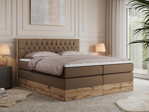 MKS MEBLE King Boxspringbett 200x200 mit Bettkasten und Kopfteil, Bonell Polsterbett mit Matratze H3 und Topper T25, Bett mit Holzrahmen in Wotan Eiche - Braun Kunstleder - Amore King