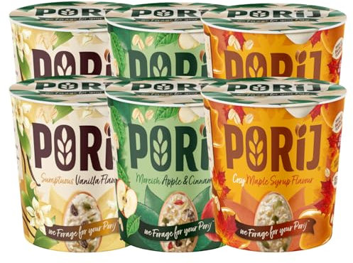 PORiJ Porridge Oats Pots Multipack of 6 x 60g - Quick Breakfast Snacks Ready to Eat in Minutes Healthy & Delicious Instant Porridge Pots with Pre Biotics, High Fiber & Protein Vegan Oats