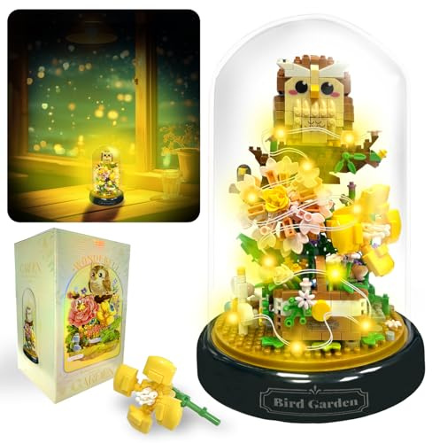 Felicify Set di Blocchi da Costruzione per Bouquet con Luce, 1123 PCS Costruzione di Bouquet di Fiori con Copertura, Micro Blocchi Bouquet di Fiori, Decorazione Della Casa per Adulti (Gufo)